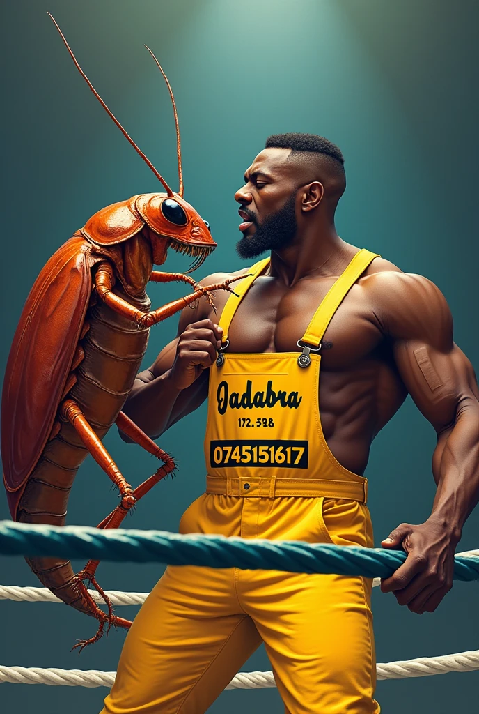 Create 5 powerful illustrations of a muscular African man pest controller in yello overall,with blue gumboots written on "JADABRA, in a wrestling ring verses a muscular cockroach. On the overall it's clearly written "JADABRA" and "0745151617" the man is directly staring at the cockroach. Be careful not to mistake each number of 0-7-4-5-1-5-1-6-1-7 each one of it should appear correctly 