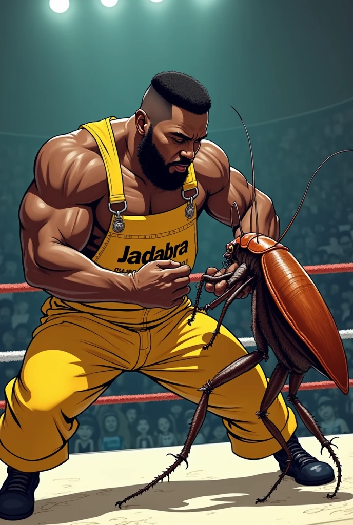 Create 5 powerful illustrations of a muscular African man pest controller in yello overall,with blue gumboots written on "JADABRA, in a wrestling ring verses a muscular cockroach. On the overall it's clearly written "JADABRA" and "0745151617" the man is directly staring at the cockroach. Be careful not to mistake each number of 0-7-4-5-1-5-1-6-1-7 each one of it should appear correctly 