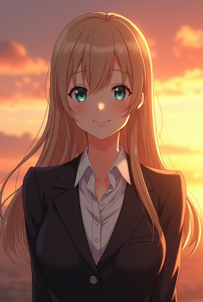 I want a female anime character around 2, dull emerald eye color, long brown ash blonde hair, look would be with a happy expression, With a suit, that can only be seen from the waist up, make it look realistic, background her in the sunset behind her, mature and with a cold look