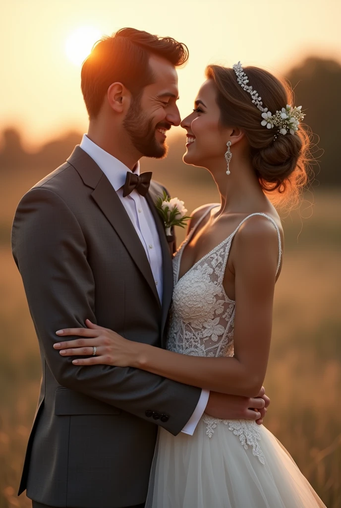 a captivating and enchanting, photorealistic, hyper ultra-realistic wedding scene, in a picturesque setting, the bridal coupe should be close and looking at each other their expressions reflecting deep love and joy, the groom's charcoal grey suit is well fitted with crisp white shirt and bowtie . The bride's lace wedding dress features intricate detailing, flowing elegantly. The bride's hair in an elegant updo, adorned with delicate floral elements. The groom has a simple yet sophisticated boutonnière that complements the bride’s bouquet. Lighting is warm sunkissed lighting to highlight the couple’s features, creating a soft and ethereal atmosphere. The sun should be low in the sky, giving a romantic glow. a slightly blurred backdrop to keep the focus on the couple. In the style of Josephine Wal 8K resolution 3D