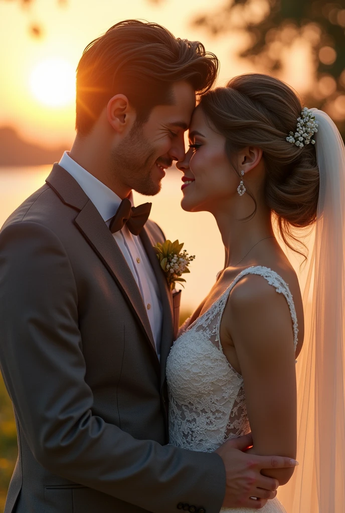 a captivating and enchanting, photorealistic, hyper ultra-realistic wedding scene, in a picturesque setting, the bridal coupe should be close and looking at each other their expressions reflecting deep love and joy, the groom's charcoal grey suit is well fitted with crisp white shirt and bowtie . The bride's lace wedding dress features intricate detailing, flowing elegantly. The bride's hair in an elegant updo, adorned with delicate floral elements. The groom has a simple yet sophisticated boutonnière that complements the bride’s bouquet. Lighting is warm sunkissed lighting to highlight the couple’s features, creating a soft and ethereal atmosphere. The sun should be low in the sky, giving a romantic glow. a slightly blurred backdrop to keep the focus on the couple. In the style of Josephine Wal 8K resolution 3D