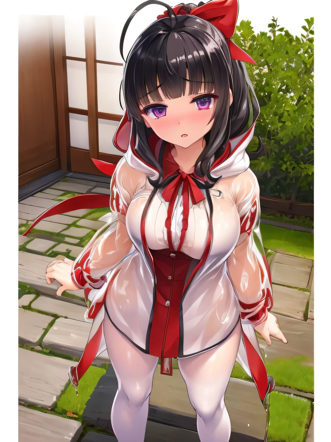 ((The best image quality、the best、1 girl、Drawing in detail))、
Tied hair with a red ribbon、Ribbon visible from the front、Black hair ponytail、Tiny bangs、Straight Hair、Ahoge hanging down in front 1:1.2、
chest、Big Breasts、Big chest、Mature Woman、tall、Light purple eyes、Droopy eyes、Red eyeliner、looking at the camera、
Parted lips、Expressionless、
(Raincoat、White Raincoat:1.5、An opaque raincoat、White tights、rain、Wet、Close front、transparent raincoat、hood down)、
Are standing、garden、Shrubs、Outdoor、Rain line、