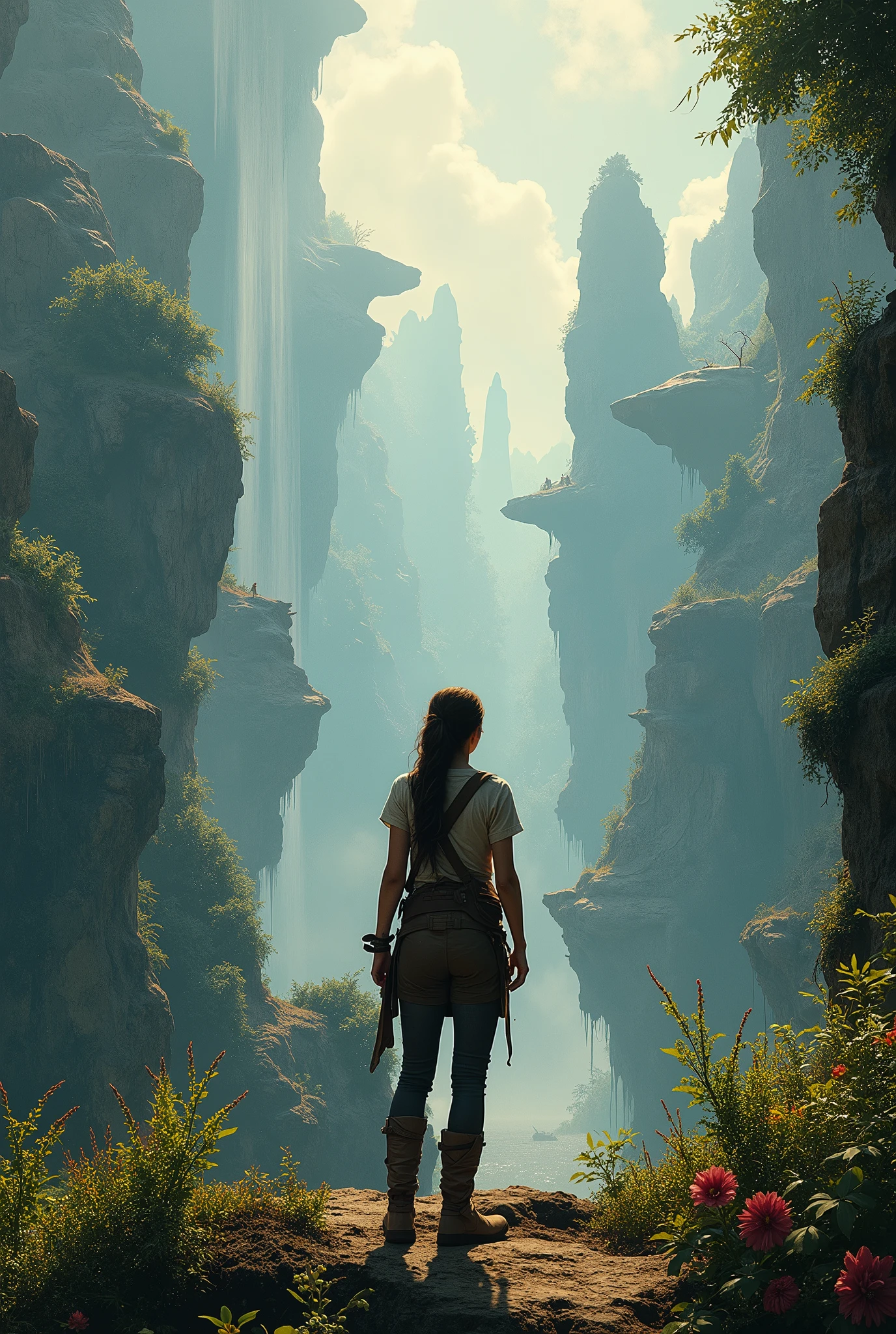 Create a breathtaking, semi-realistic image that captures the awe-inspiring scene of a beautiful female adventurer standing on the edge of a surrealist hidden valley, a landscape that defies logic yet is a majestic visual delight. From her vantage point on a cliff, she gazes out over an otherworldly valley where the natural laws seem to bend and twist. The valley is filled with floating rock formations, gravity-defying waterfalls that cascade upwards, and towering, abstract structures that seem to merge with the landscape itself.

The dense jungle is a vibrant mix of surreal flora, with trees that spiral into the sky and flowers that glow with an inner light. Strange, organic shapes rise from the valley floor, their forms constantly shifting as if alive. Sunbeams break through the swirling, dreamlike canopy above, casting a mesmerizing Tyndall effect that bathes the entire scene in a soft, ethereal glow. The interplay of light and shadow creates shifting patterns of color and light, enhancing the surreal atmosphere.

The adventurer, clad in rugged, weathered clothing, stands amidst the overgrown vegetation of the cliff, her expression a mix of awe and reverence as she takes in the surreal landscape before her. The composition evokes a sense of adventure, discovery, and the profound beauty of this hidden, fantastical place. The image should be visually stunning, blending semi-realistic detail with surreal fantasy elements to create an immersive and awe-inspiring visual narrative.