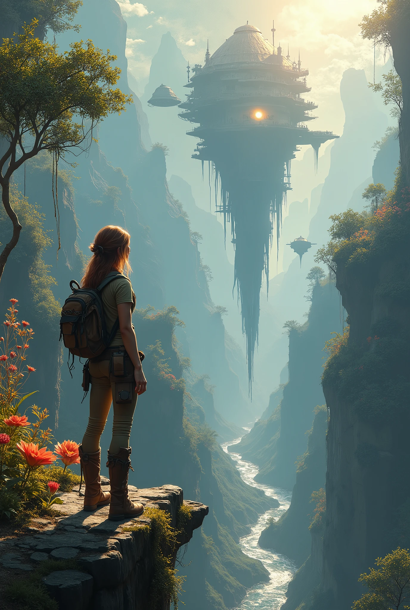 Create a breathtaking, semi-realistic image that captures the awe-inspiring scene of a beautiful female adventurer standing on the edge of a surrealist hidden valley, a landscape that defies logic yet is a majestic visual delight. From her vantage point on a cliff, she gazes out over an otherworldly valley where the natural laws seem to bend and twist. The valley is filled with floating rock formations, gravity-defying waterfalls that cascade upwards, and towering, abstract structures that seem to merge with the landscape itself.
The dense jungle is a vibrant mix of surreal flora, with trees that spiral into the sky and flowers that glow with an inner light. Strange, organic shapes rise from the valley floor, their forms constantly shifting as if alive. Sunbeams break through the swirling, dreamlike canopy above, casting a mesmerizing Tyndall effect that bathes the entire scene in a soft, ethereal glow. The interplay of light and shadow creates shifting patterns of color and light, enhancing the surreal atmosphere.
The adventurer, clad in rugged, weathered clothing, stands amidst the overgrown vegetation of the cliff, her expression a mix of awe and reverence as she takes in the surreal landscape before her. The composition evokes a sense of adventure, discovery, and the profound beauty of this hidden, fantastical place. The image should be visually stunning, blending semi-realistic detail with surreal fantasy elements to create an immersive and awe-inspiring visual narrative.