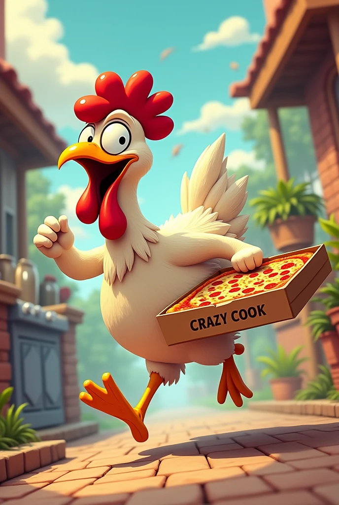 Chicken running away with a pizza box named Crazy Cook