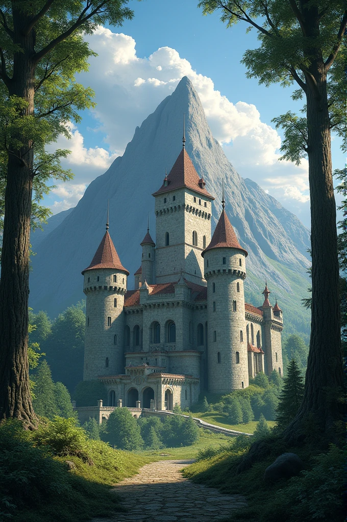 A castle in the middle of a forest with a large mountain behind it shaped like a tusk
