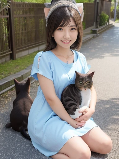 Japanese female, (underweight), (medium bust best quality:1.0), 30 years old, (cheerful grin:1.3),
landscape photo, 1 female, 1 cat, sitting on the floor, (dress), (a cat is sitting on my head:1.5), upper body, from front