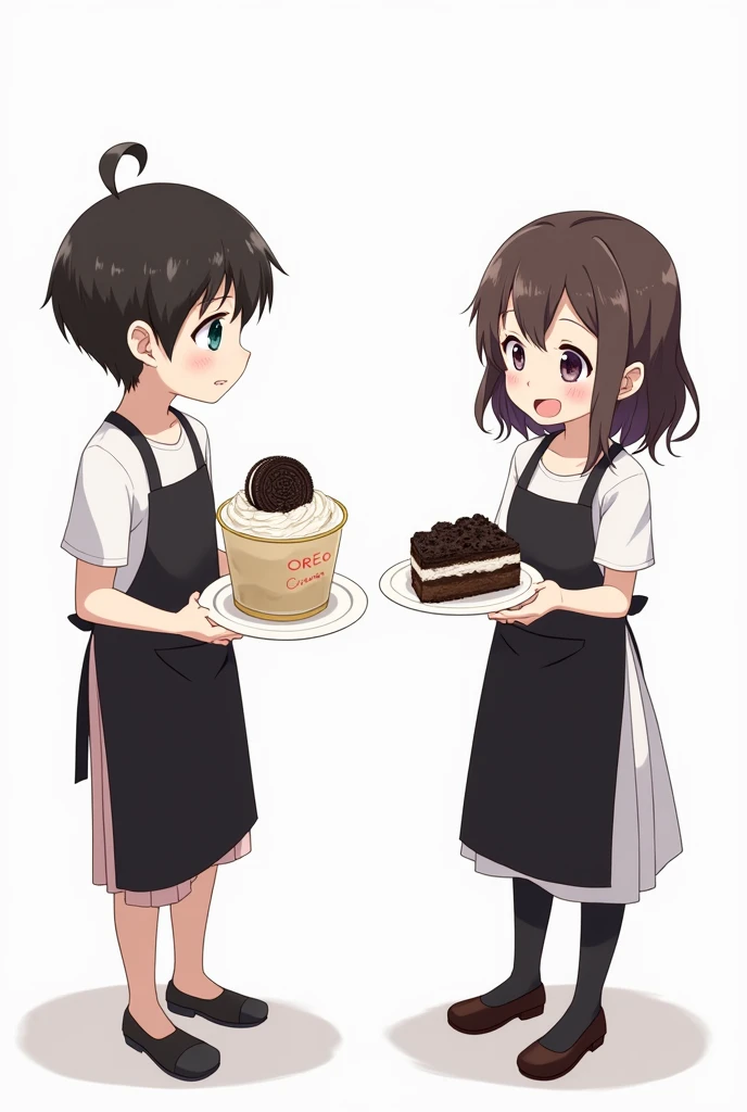Boy in black apron holding a plate with oreo cream in a container, Girl in black apron holding a plate with a piece of oreo cake anime white background