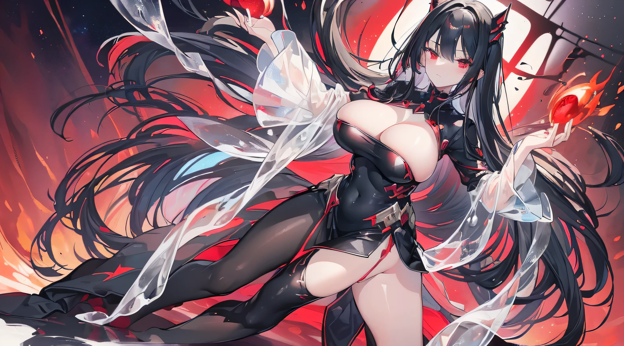 Exquisite eyes),(Clear and beautiful eyes:1.61),masterpiece, ung girl,(Black clothes and some red gems), Black long hair, (She has a huge red gem on her chest), Good Hand,((The Havoc of StarCraft)),full-body shot,Fighting Stance,(Red Eyes:1.466),short and small,(Very big breasts:1.35),(Pretty Face),(full-body shot:1.33),Beautiful hands