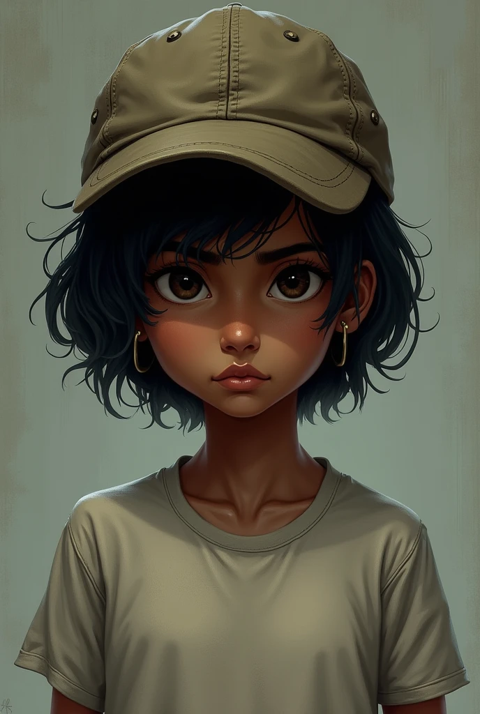 1 girl, Alone, Dark skin, mujer de Dark skin, Upper part of the body, baseball cap, T-shirt, tomboy