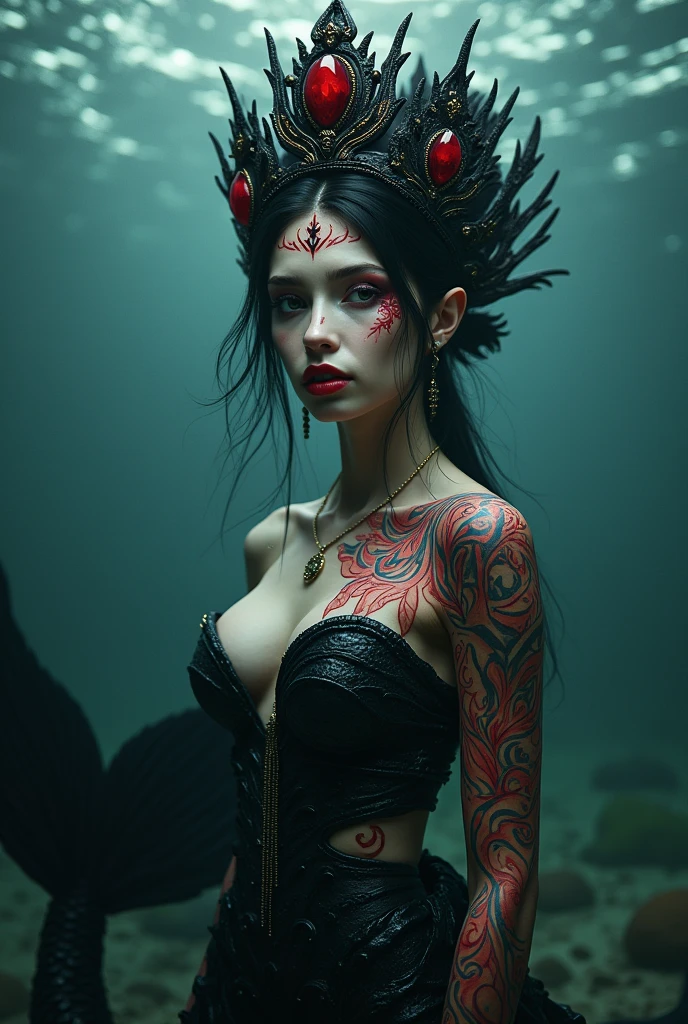 White woman. Mermaid. Black tail. Red and black intricate tattoos on body and face. Black and red crown. Ultra high quality