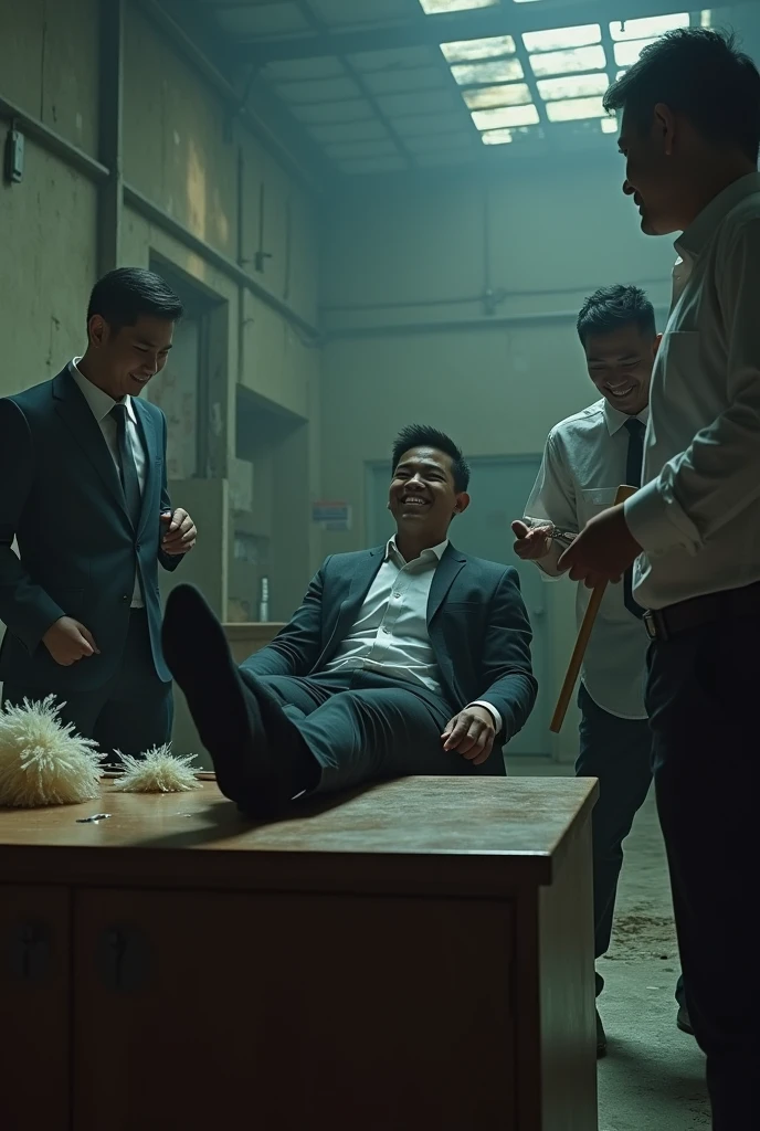 Malaysia malay handsome 19 years student
He laugh very hard
His hand handcuff in abondon warehouse
Blindfolded
handcuff
Formal Work Outfit
feet on desk
feather duster on desk
Take off shoes on desk
Black sock
2 man holding feather duster
Focus lick his feet
