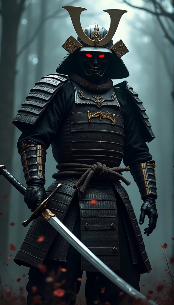 (best qualityer,4K,8k,high resolution,work of art:1.2),ultra detali,realisitic:1.37,a samurai in the Sengoku period of Japan,wearing full samurai armor,black samurai mask,holding a sharp samurai sword,the intense feeling of oppression,eerie glowing red eyes