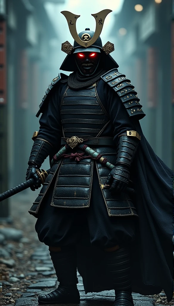 (best qualityer,4K,8k,high resolution,work of art:1.2),ultra detali,realisitic:1.37,a samurai in the Sengoku period of Japan,wearing full samurai armor,black samurai mask,holding a sharp samurai sword,the intense feeling of oppression,eerie glowing red eyes