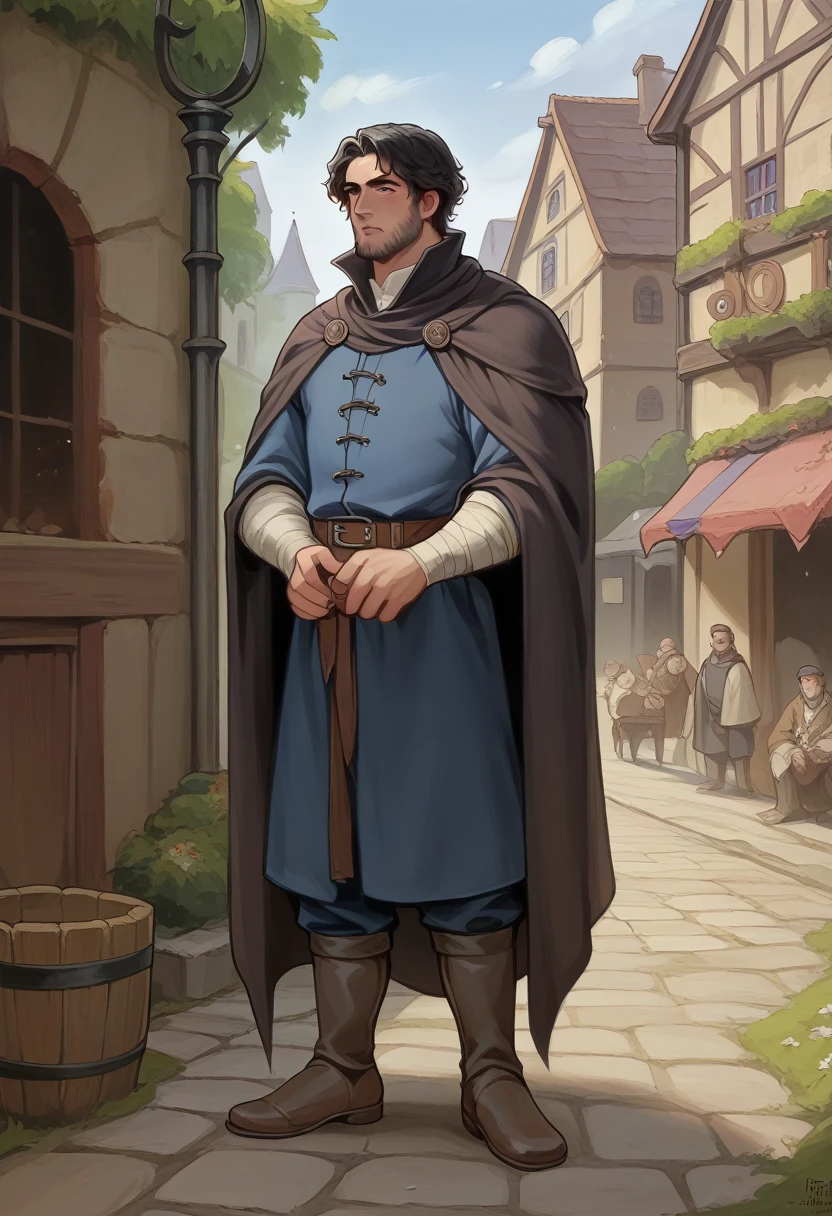 "Create an image of a male character for a visual novel, standing and looking directly at the camera. He is a medieval detective with short, messy black hair and a trimmed beard. He wears a dark, knee-length tunic with intricate embroidery along the edges, paired with sturdy leather boots and a wide belt holding various pouches and tools. Over his tunic, he has a long, flowing cloak that is slightly worn at the hem, draped over his shoulders. His hands are bare, showing the roughness of a man accustomed to hard work. His expression is sharp and observant, exuding a sense of quiet determination. The background should be a dimly lit medieval alleyway with cobblestone streets and stone buildings, creating an atmosphere of mystery and intrigue."