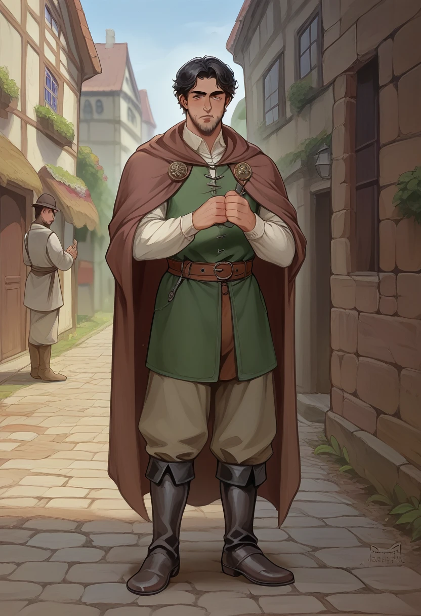 "Create an image of a male character for a visual novel, standing and looking directly at the camera. He is a medieval detective with short, messy black hair and a trimmed beard. He wears a dark, knee-length tunic with intricate embroidery along the edges, paired with sturdy leather boots and a wide belt holding various pouches and tools. Over his tunic, he has a long, flowing cloak that is slightly worn at the hem, draped over his shoulders. His hands are bare, showing the roughness of a man accustomed to hard work. His expression is sharp and observant, exuding a sense of quiet determination. The background should be a dimly lit medieval alleyway with cobblestone streets and stone buildings, creating an atmosphere of mystery and intrigue."