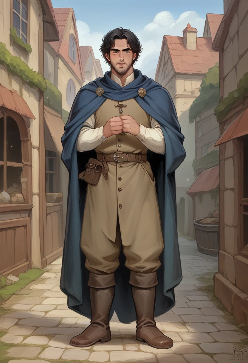 "Create an image of a male character for a visual novel, standing and looking directly at the camera. He is a medieval detective with short, messy black hair and a trimmed beard. He wears a dark, knee-length tunic with intricate embroidery along the edges, paired with sturdy leather boots and a wide belt holding various pouches and tools. Over his tunic, he has a long, flowing cloak that is slightly worn at the hem, draped over his shoulders. His hands are bare, showing the roughness of a man accustomed to hard work. His expression is sharp and observant, exuding a sense of quiet determination. The background should be a dimly lit medieval alleyway with cobblestone streets and stone buildings, creating an atmosphere of mystery and intrigue."
