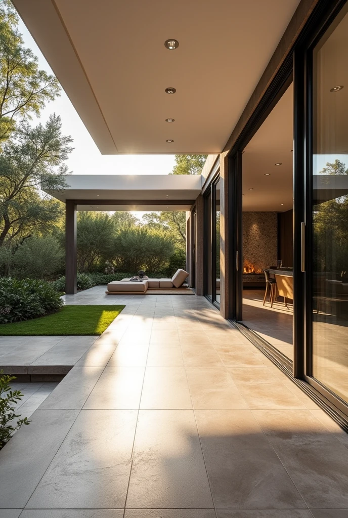Blended Indoor-Outdoor Living Spaces
Create a luxurious indoor-outdoor living space featuring large sliding glass or bi-fold doors. Include a seamless transition with level flooring, matching tiles inside and out, and retractable screens. The design should include a shaded patio area, with a pergola or awning, that smoothly connects the indoor and outdoor environments