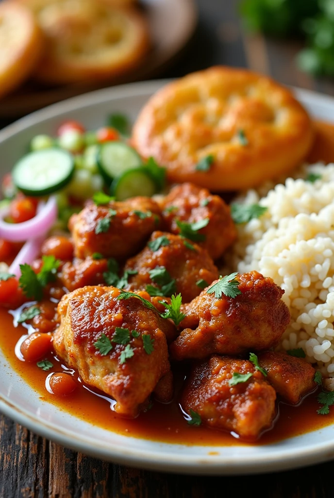 Chicken stew with rice and cucumber, onion and tomato salad with patacones