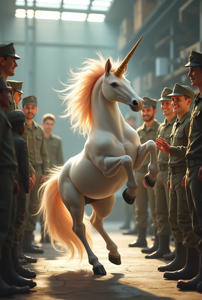 Une licorne légèrement féminine, qui danse joyeusement avec un beau sourire au milieu de militaire mécaniciens militaires. Réaliste. 