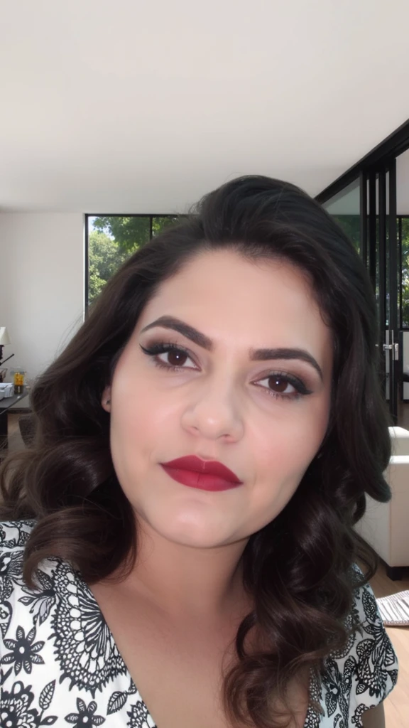 A slightly overweight Brazilian model with short, curly light brown hair, fair skin big breasts stunning dress 