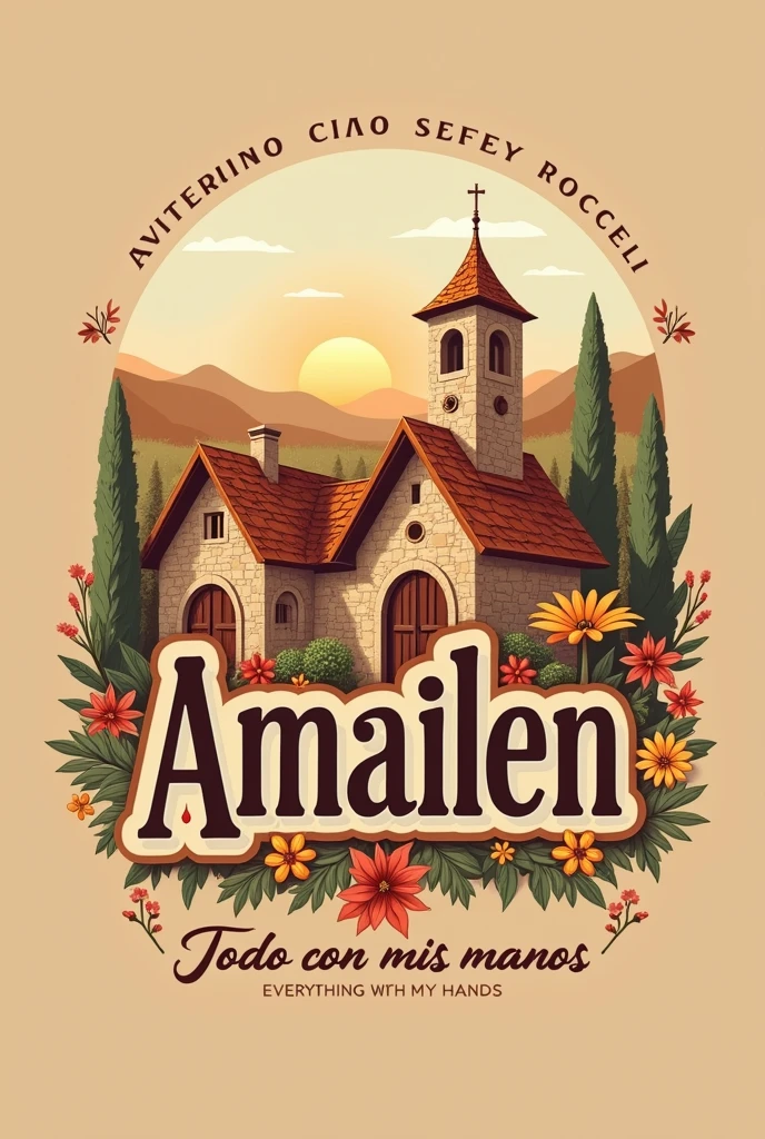 Create a logo with the name amailen, where a magical and happy rustic and artisanal town appears , Also with the following slogan everything with my hands and it must have earth or terracotta colors , It must be rustic and natural style, everything must be in Spanish 