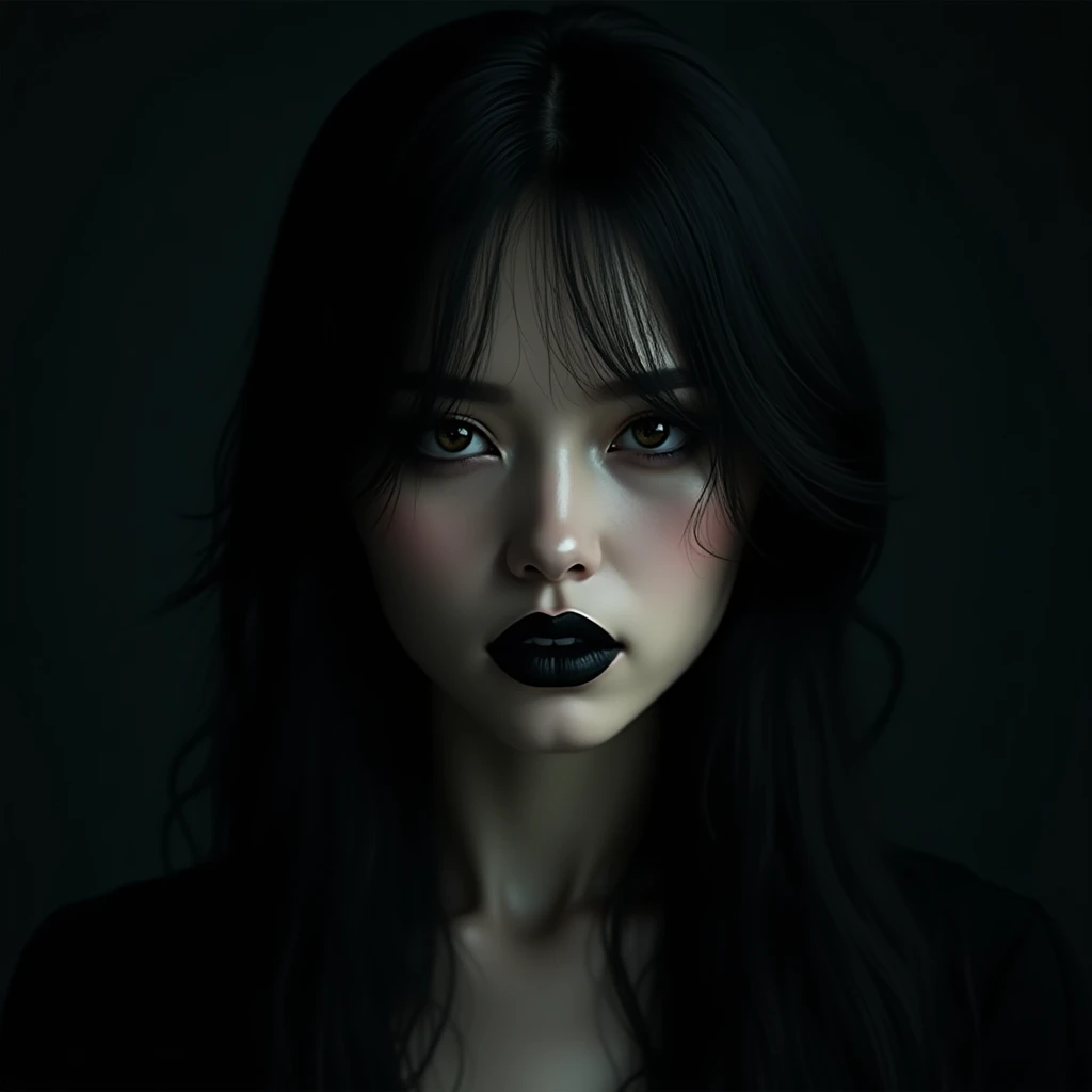 black background, dark background,surrealistic photography of a female with
black hair, black eyes,serious face, black lips, 2k , high resolution, perfect eyes,