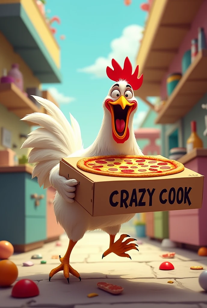 Chicken running away with a pizza box named Crazy Cook
