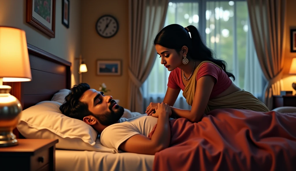 Visualize a man lying in bed, struggling with a spine issue. His eyes are weary, but there's a soft, hopeful light around him. His wife, is beautiful and independent indian woman, stands beside him with unwavering support, holding his hand with love and strength. In the background, show a glimpse of a mobile phone with a supportive message from a sister figure, symbolizing the unseen bonds that provide hope. The mood is emotional yet filled with a sense of resilience and love, capturing the journey from suicidal thoughts to a hopeful future with the support of loved ones."