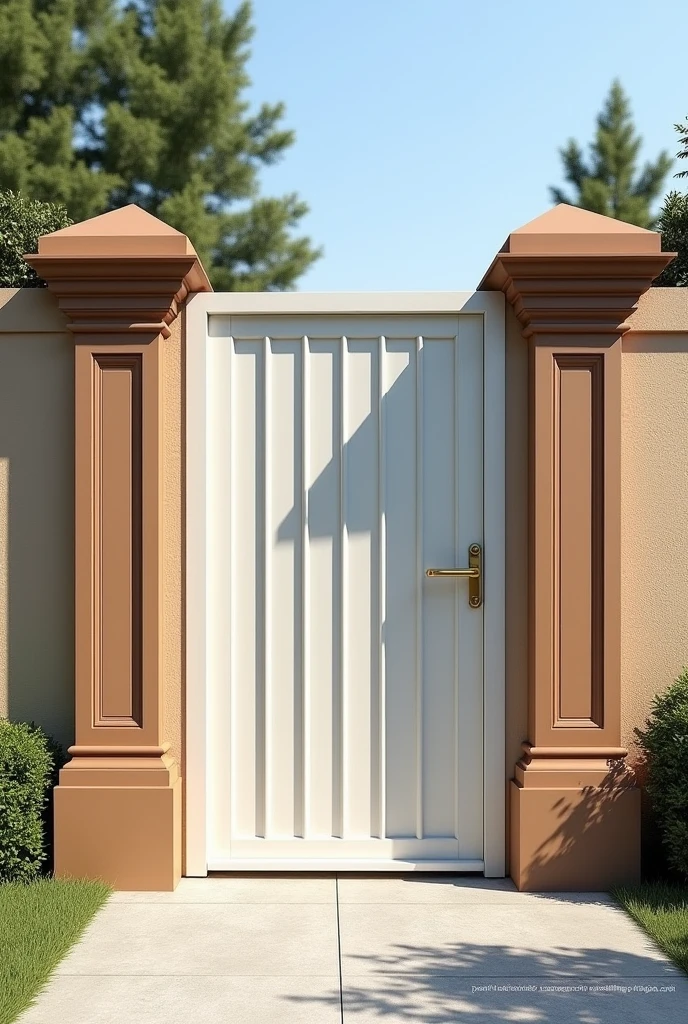 I have a 40-meter linear wall with a metal social gate painted white. (gate all closed, no air passage) and side columns with closure at the top painted in varnished monkey brown, I need examples of designers for the wall, It has a thick roughcast texture painted in sand color, Give me photos of how I can improve the wall to make it more beautiful.