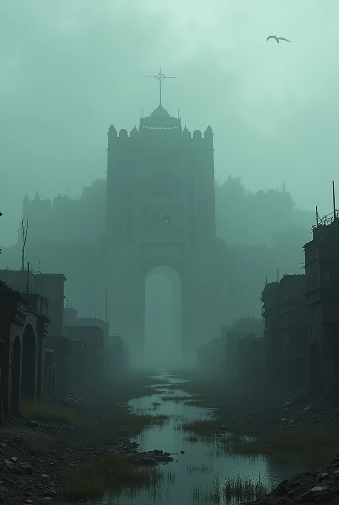 Sodom in ruins on a night with very strong fog looking like a swamp and a destroyed castle in the middle of the kingdom and several destroyed buildings