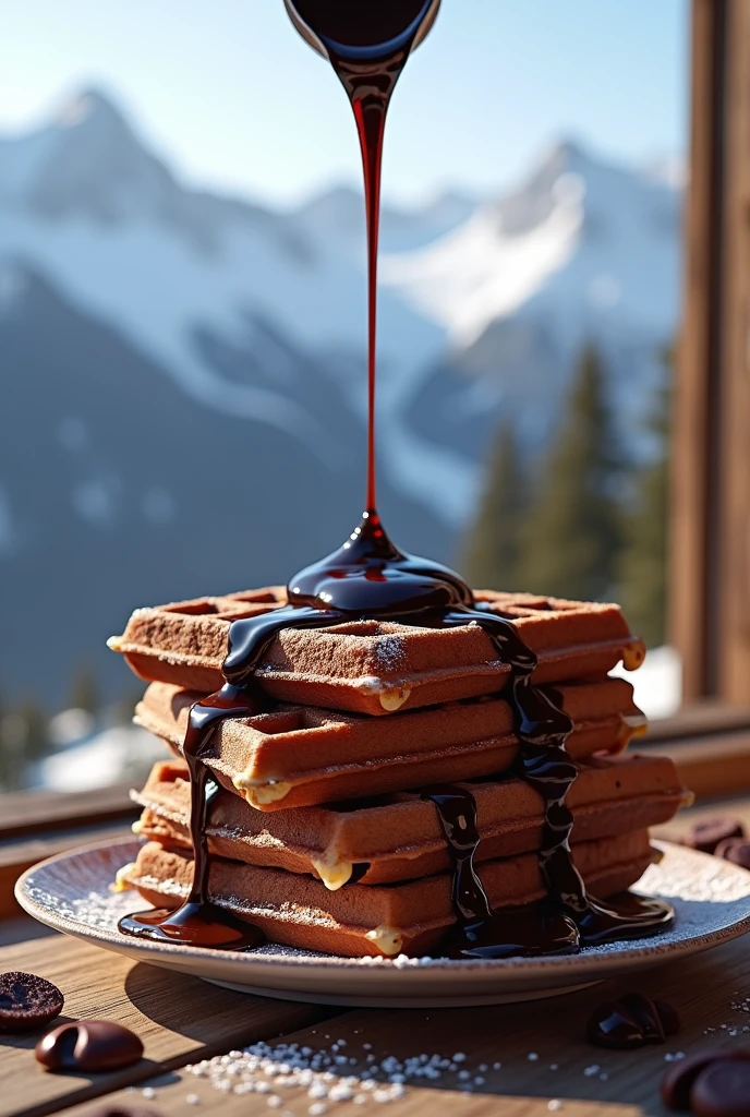 Belgian Chocolate syrup in Swiss Mountain with chocolate waffles