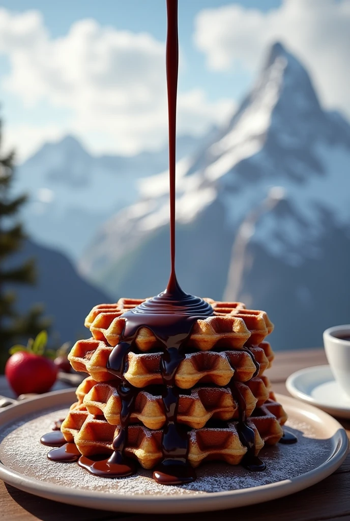 Belgian Chocolate syrup in Swiss Mountain with chocolate waffles