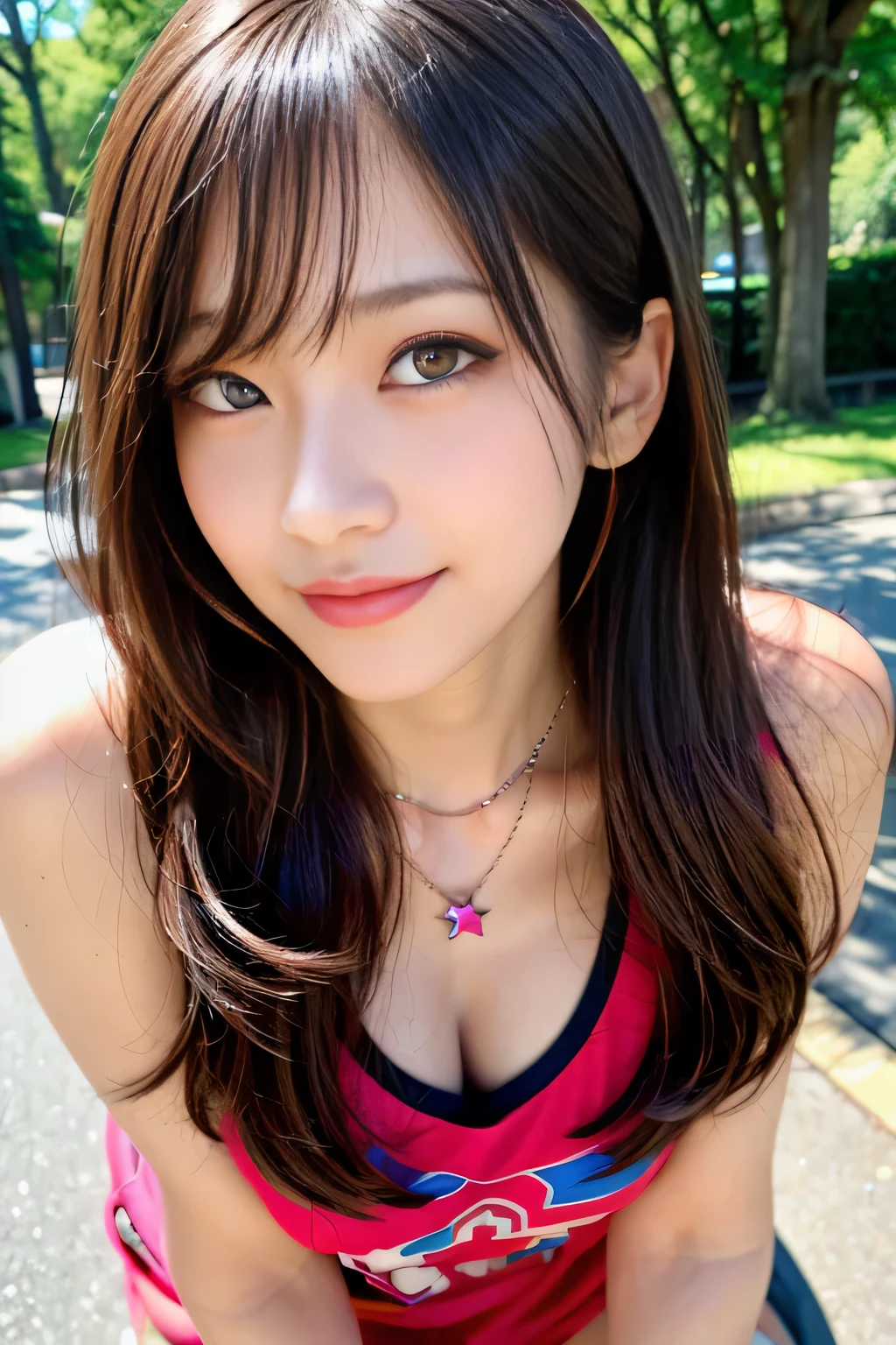 seed:1237008697,((close-up:1.3))((Full Body Angle:1.1)),((Highest quality, 8k, masterpiece: 1.3)), concentrated: 1.2,Front hair:1.3, Cute 1,Nipples erect、 Perfect beauty: 1.4,Colorful star print T-shirt、Shorts,: 1.2,Randall Color、comics&Text Graphics、Black,1.1, Highly detailed face and skin textures, Fine grain, double eyelid, whitening skin, ,Highest quality,Ultra-high resolution,you,1 person,alone,_Shiny_skin,Iris,necklace,((brown_length_Wavy_hair)),(lips)),eyelash,Front hair,deal with,compensate,Shiny,pore,skin big breasts、((smiling face))、((Front hair:1.3))、Walking in the park、Standing and walking、gravure idol、Don't look at the camera、