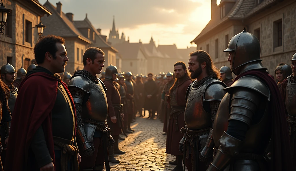 A dramatic scene set in the heart of Aquitaine, where English vassals stand defiantly before French authorities. The setting is a medieval village square, bathed in the dim, golden light of dusk, casting long shadows over the cobblestone streets. The English vassals, clad in rugged, worn armor and cloaks, face a group of stern French officials, adorned in rich robes and armored guards, their expressions a mix of disdain and authority. The tension in the air is palpable as the vassals, led by a resolute figure, argue their case with visible frustration and anger. In the background, villagers watch anxiously from the shadows of half-timbered houses, their faces etched with fear and uncertainty. The atmosphere is thick with the weight of impending conflict, as both sides stand on the brink of violence. This scene, rendered in a dark, cinematic style, captures the local tensions and unrest, echoing the masterful compositions of Edmund Blair Leighton., Surrealism, Hyperrealism, UHD, retina, masterpiece, accurate, anatomically correct, textured skin, super detail, 16k