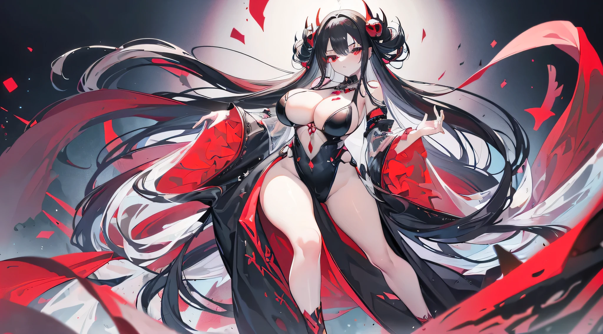 Exquisite eyes),(Clear and beautiful eyes:1.61),masterpiece, ung girl,(Black clothes and some red gems), Black long hair, (She has a huge red gem on her chest), Good Hand,((The Havoc of StarCraft)),full-body shot,Fighting Stance,(Red Eyes:1.466),short and small,(Very big breasts:1.35),(Pretty Face),(full-body shot:1.33),Beautiful hands