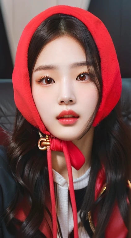 A close-up of a woman wearing a red hat and a red jacket and with yellow eyes, ((golden eyes)), Korean cute toasted face, Young adorable korean face, ulzzang, iu lee ji-eun as supervillain, Jaeyeon Nam, Kim Doyoung, Tanned and cute young Asian face, Red cheeks, parque me, profile headshot, quack ji joven, korean girl, big breasts, heavy breasts