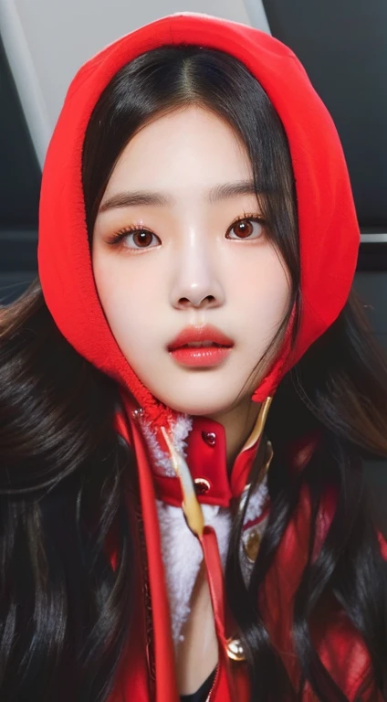 A close-up of a woman wearing a red hat and a red jacket and with yellow eyes, ((golden eyes)), Korean cute toasted face, Young adorable korean face, ulzzang, iu lee ji-eun as supervillain, Jaeyeon Nam, Kim Doyoung, Tanned and cute young Asian face, Red cheeks, parque me, profile headshot, quack ji joven, korean girl, big breasts, heavy breasts