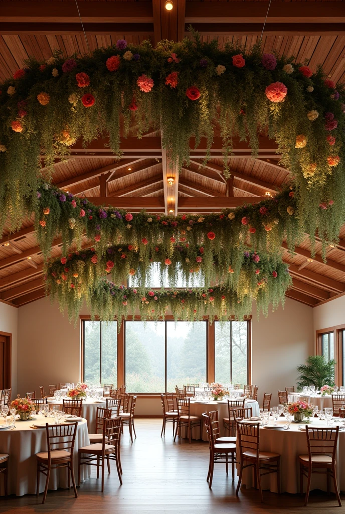 An indoor wedding reception hall with round tables for guests and flowers on the ceiling, all in matching tones inspired by a series called Yellowstone 