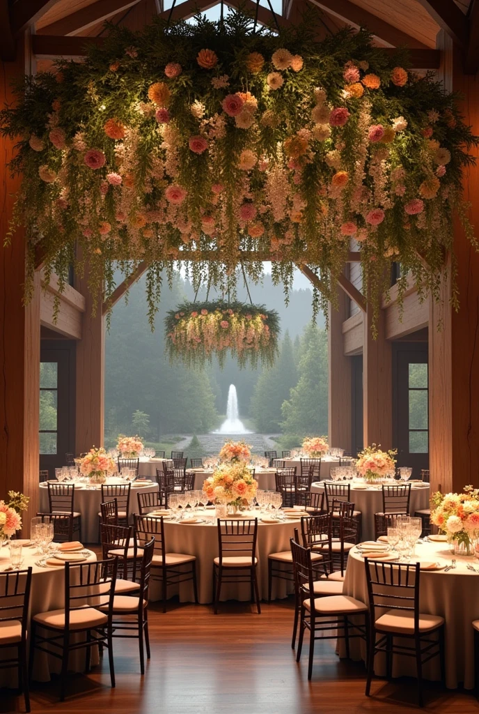 An indoor wedding reception hall with round tables for guests and flowers on the ceiling, all in matching tones inspired by a series called Yellowstone