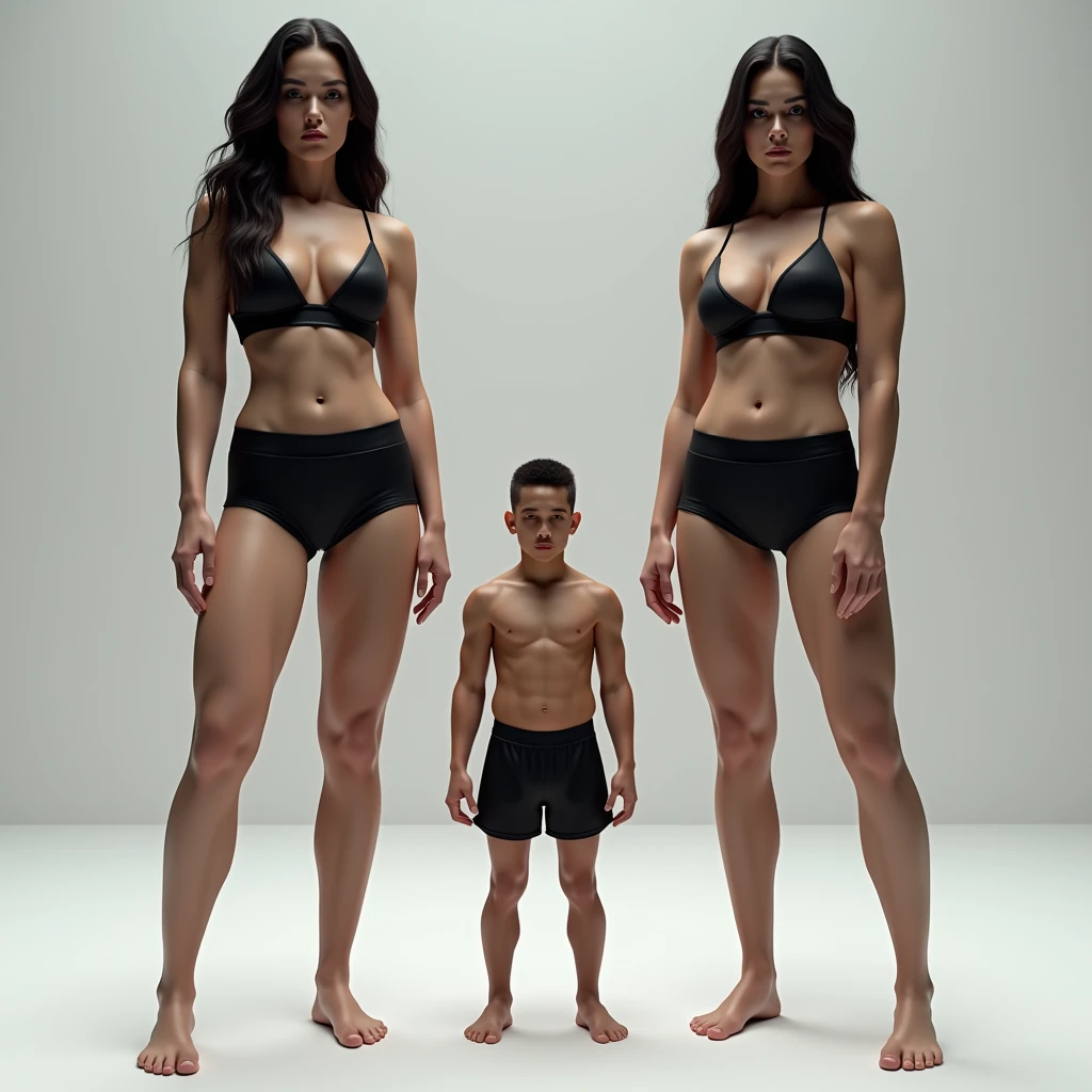 Two Very Tall girls in the left and right, short man in the middle, the two girls are much taller than the man, girls are models, girls are ring girls, man is an mma fighters, girls are wearing black bras and shorts, man is shirtless and wearing black shorts, girls are standing barefoot, man is wearing shoes