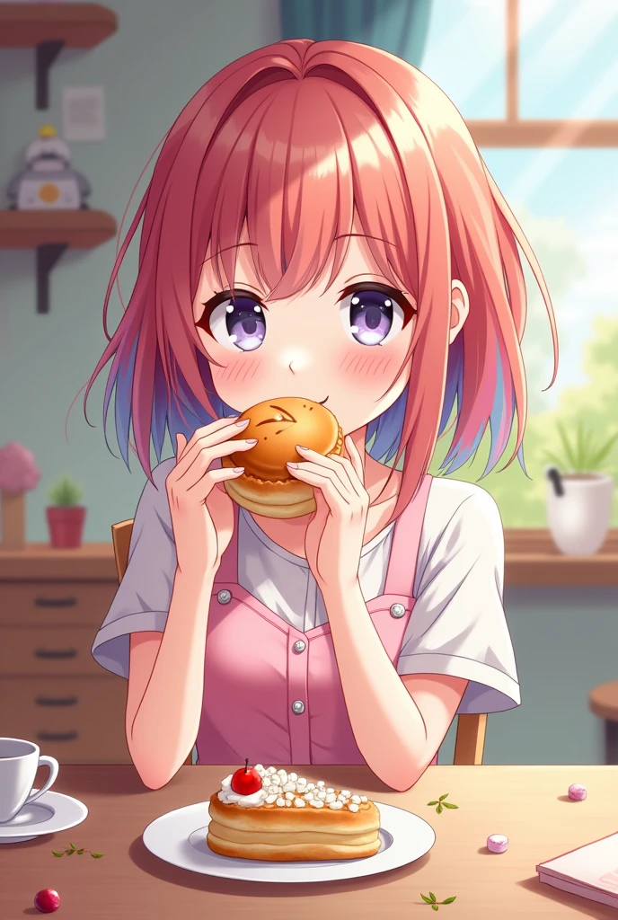 anime style girl eating pastry
