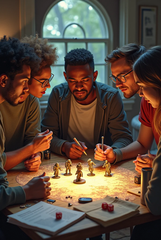 5 friends playing dungeons and dragons three are white one is dark haired and curly and one is black 