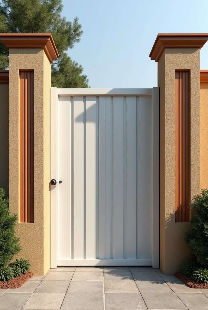 I have a 40-meter linear wall with a metal social gate painted white. (gate all closed, no air passage) and side columns with closure at the top painted in varnished monkey brown, I need examples of designers for the wall, It has a thick roughcast texture painted in sand color, Give me photos of how I can improve the wall to make it more beautiful.