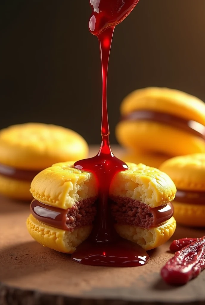 Yellow alfajores with a filling of almost reddish-brown dulce de leche with a background of blood sugar indicating the vitamins it has. (indicate that they are made from blood sausage), place a drop of animated blood with muscles.