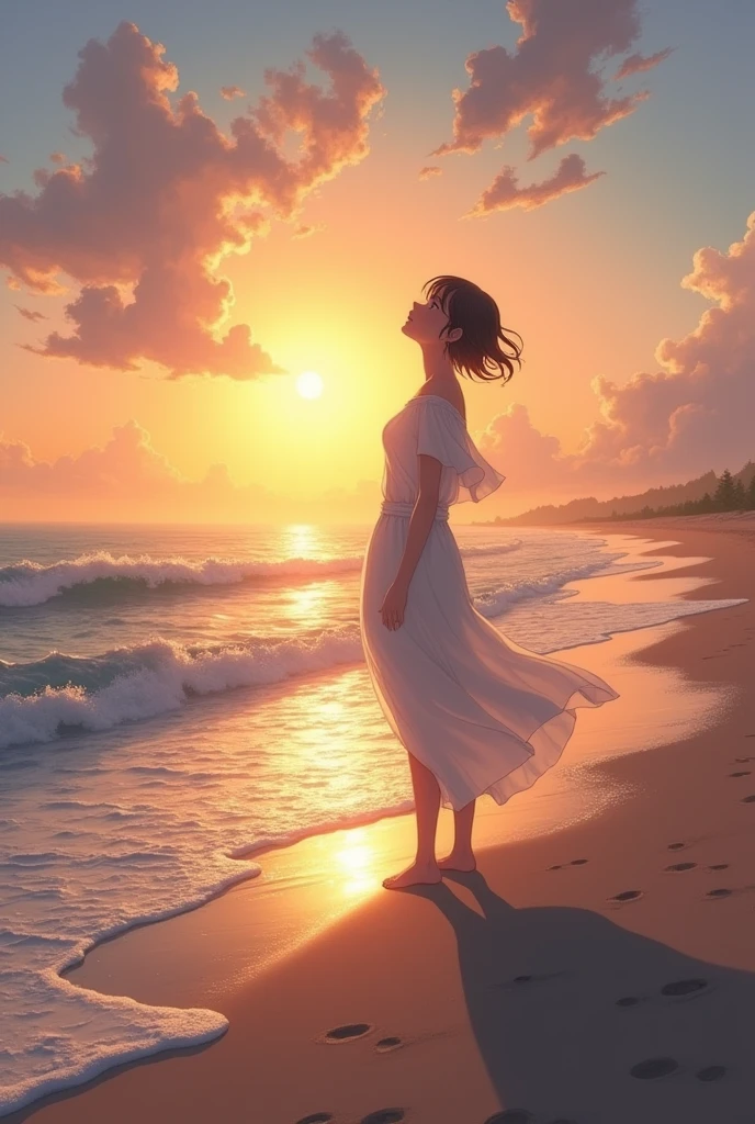 (best quality, masterpiece, ultra detailed), Beach at dawn: The protagonist stands on the beach、A scene where the light of dawn shines on the sea。The protagonist sings as if shouting to the sea.、In the end, you will be enveloped in that light。The camera captures the protagonist's emotional rise and release.。