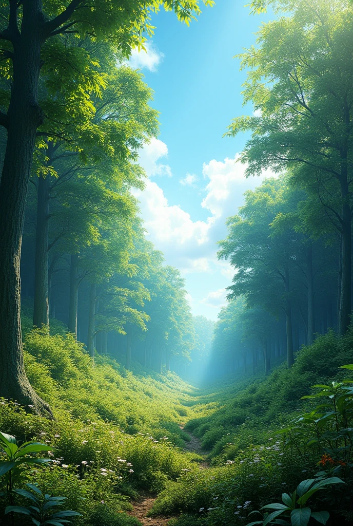 create a forest background with a blue sky