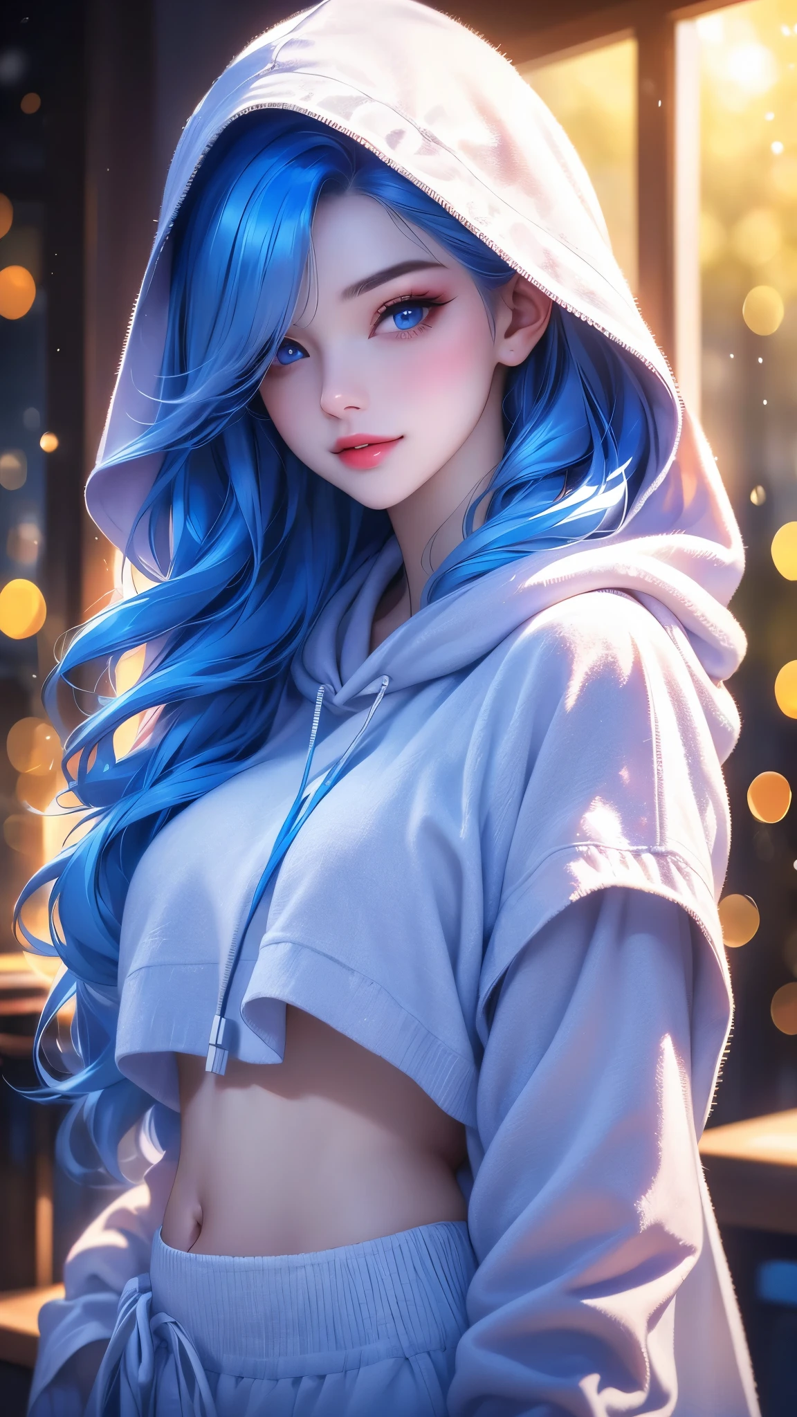 a girl with beautiful detailed eyes, beautiful detailed lips, extremely detailed face, long eyelashes, white hoodie, white sweatpants, red top, belly, makeup, loving look, flirty smile, long silky blue hair, best quality, 4k, 8k, highres, masterpiece:1.2, ultra-detailed, realistic, photorealistic:1.37, HDR, UHD, studio lighting, ultra-fine painting, sharp focus, physically-based rendering, extreme detail description, professional, vivid colors, bokeh, portraits