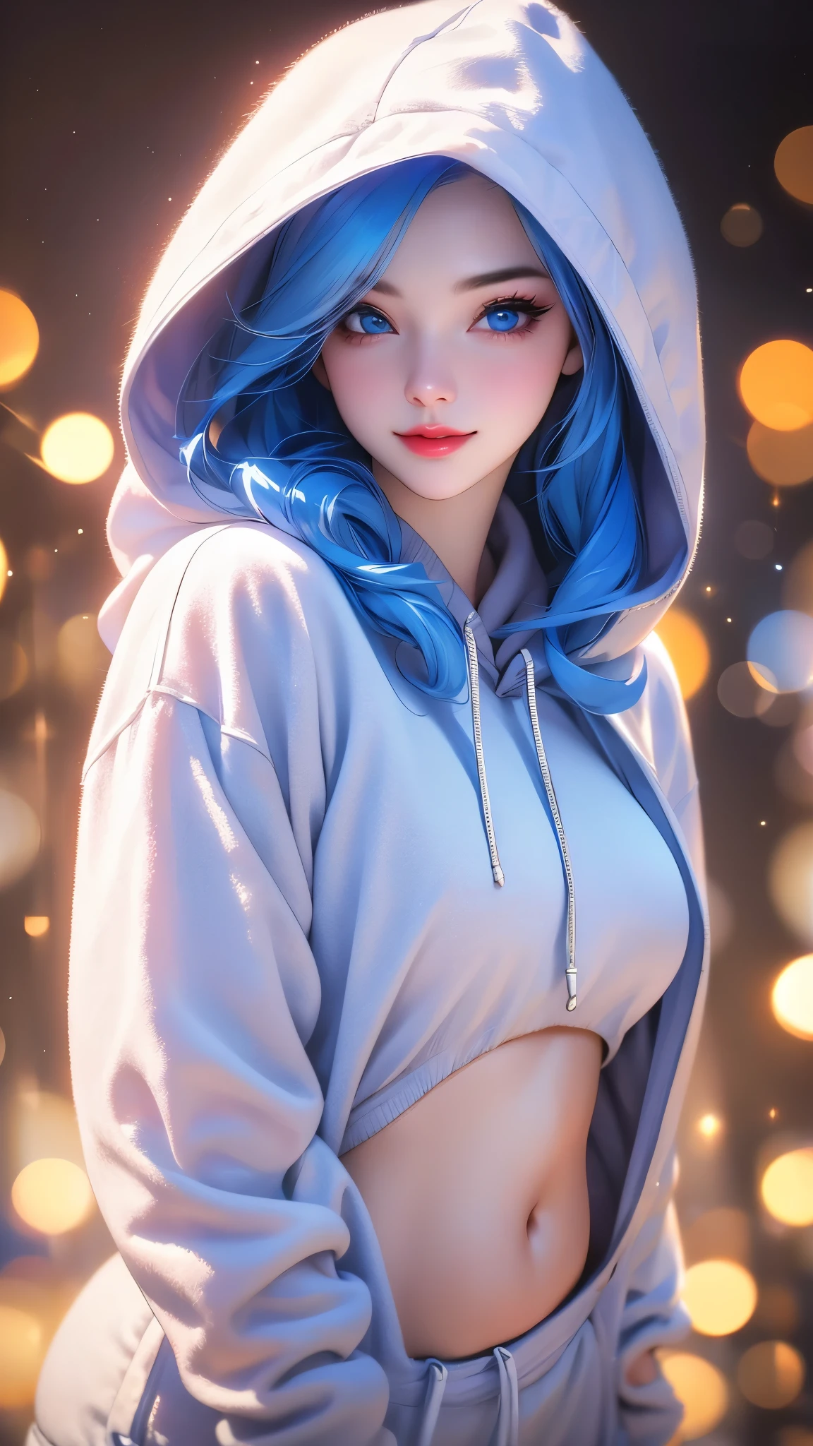 a girl with beautiful detailed eyes, beautiful detailed lips, extremely detailed face, long eyelashes, white hoodie, white sweatpants, red top, belly, makeup, loving look, flirty smile, long silky blue hair, best quality, 4k, 8k, highres, masterpiece:1.2, ultra-detailed, realistic, photorealistic:1.37, HDR, UHD, studio lighting, ultra-fine painting, sharp focus, physically-based rendering, extreme detail description, professional, vivid colors, bokeh, portraits
