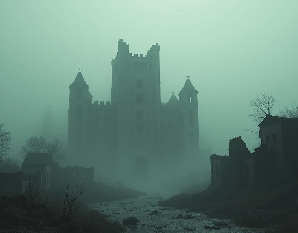 Sodom in ruins on a night with very strong fog looking like a swamp and a destroyed castle in the middle of the kingdom and several destroyed buildings 
